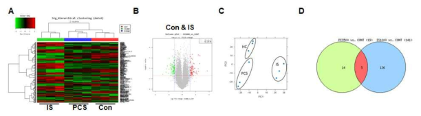 IS와 PCS 처리한 단핵구에서의 microarray 분석. A, Heatmap. B, volcano plot. C, PCA. D, venn-diagram