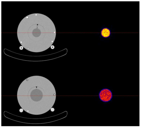 CRM의 PET/CT영상. 왼쪽 CT영상, 오른쪽 PET영상. 위 절대측정 때 제작한 대로 작은(50 ml) CRM에서 더 높은 PET 영상값(Bq/ml)을 얻을 수 있었다