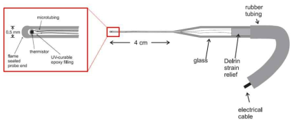 Schematic drawing of the probe tip of the water calorimeter