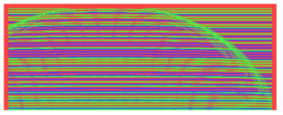 본 연구에서 개발한 단색 구조광 패턴 영상에 크기 변환과 곡면 왜곡 변환을 적용한 결과 영상의 띠분할 결과 영상. 이 영상에서의 컬러는 띠분할 결과를 알기 쉽게 표현하기 위한 의색(false color)임