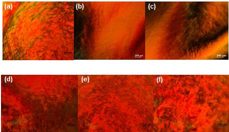 (a) 그래핀산화물 (b) 1:1 (c) 2:1 (d) 4:1 (e) 10:1 (f) 20:1 그래핀산화물/나노다이아몬드 복합용액의 편광현미경 이미지