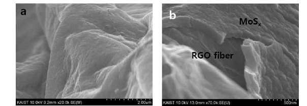 (a) MoSx를 30회 (b) 100회 전착한 그래핀산화물 액정섬유 표면의 SEM 이미지