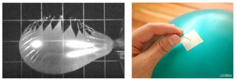 (좌) 고무풍선이 터지는 순간의 캡처 이미지, (우) 테이프를 이용한 풍선 터짐의 방지 방법 (출처: http://www.techtimes.com/articles/102689/20151103/balloon-pop-researchers-depends.htm)