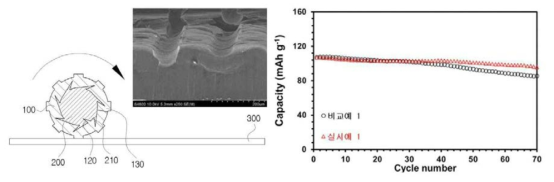 특허 대표도(롤러, 제작방법), 표면 구조가 제어된 리튬 금속 전극 표면, 수명특성 평가 결과 (비교예: Flat Li-metal, 실시예: 유연소자가 적용된 롤러기반 적용 Li metal)