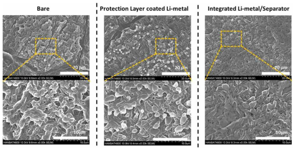 cycling 이후 리튬 금속 표면 SEM Image. (좌) Bare Li-metal, (중앙) Protection layer coated Li-metal (우) Integrated Li-metal/Separator