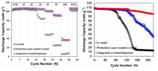 리튬금속/분리막 일체화 시스템의 전기화학적 평가 (좌) 출력 특성 평가 결과 (우) 수명특성 평가 결과