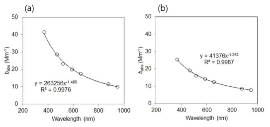 중부권측정소 (a) 겨울철과 (b) 여름철 빛흡수계수의 파장에 따른 변화 경향