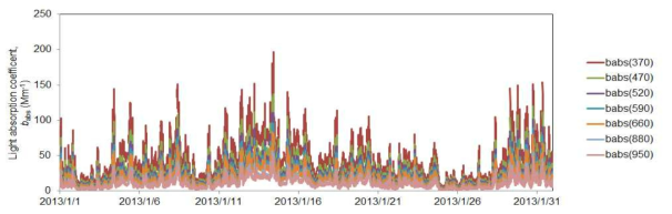 중부권측정소 겨울철(2013년 1월) 파장별 빛흡수계수 시계열 분포