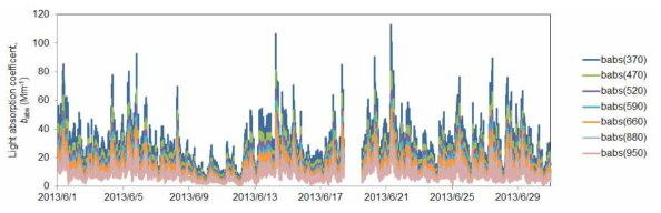 중부권측정소 여름철(2013년 6월) 파장별 빛흡수계수 시계열 분포