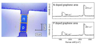 pn 접합이 형성된 그래핀 전계효과 소자의 채널의 Optic image와 라만 스펙트럼