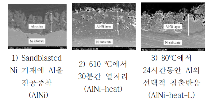 PVD 증착, 열처리, 용출 반응 후 증착층 단면 SEM