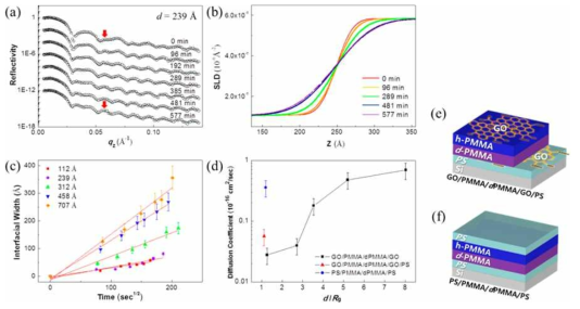 (a, b) 산화그래핀 단층 박막 사이에서 열처리에 따른 d-PMMA/h-PMMA 박막의 중성자 반사율 측정 결과 및 산란길이밀도 분석 결과 (c, d) d-PMMA/h-PMMA 박막의 두께에 따른 계면 분포 변화 분석 및 Fick 법칙을 이용한 계산 결과 (e, f) 산화그래핀 단층 박막 및 PS 박막 사이에 위치한 d-PMMA/h-PMMA 박막 이미지