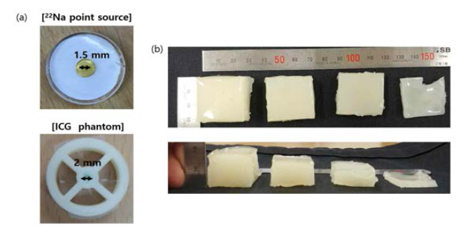 인트라리피드 팬텀 실험: (a) 소멸감마선 검출용 점 선원 (22Na)과 ICG 플라스틱 팬텀 (b) 실험에 사용된 인트라리피드 팬텀 (두께 5, 10, 15, 20 mm)