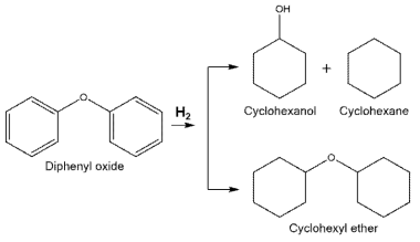 Diphenyl oxide에 수소가 첨가 되었을 때 나타날 수 있는 반응