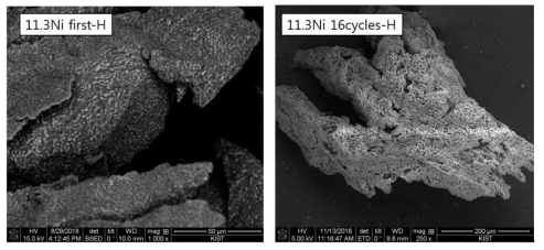 Ni11.3 시편 입자의 수소화 반응 및 사이클 후의 SEM 미세조직
