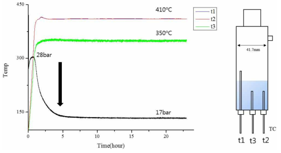 분말 300 g 급 대용량 수소저장 실험장치의 초기 실험 데이터. (Ni 11.3 at%의 Mg2Ni + Mg 복합 시편의 수소흡장실험, 외부 가열로 온도 450 ℃)