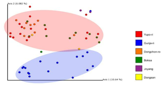지역별 야생 마우스의 장내 microbiome PCA plot