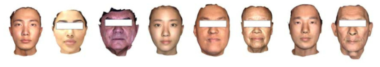 3D 얼굴 모델 예시 (초상권 문제가 있는 얼굴의 경우 눈을 가림)