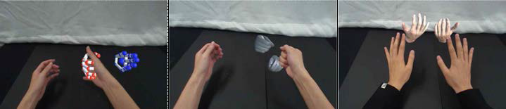 손 표현에 따른 사회적 실재감 사용자 평가 실험에서 서로 다른 손 모델과 손 기반 상호작용하는 모습 (왼쪽부터 추상형, low polygon, 실제적 유형)