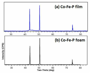 (a) 다공성 CoFeP 촉매와 (b) 필름형 CoFeP 촉매의 XRD 결과