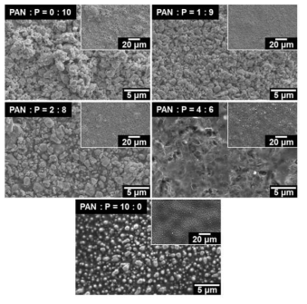 여러 PAN/P 조성으로 합성된 Cu3P/n 도핑 탄소 복합체에 대한 표면 SEM 이미지