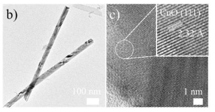 TEM 및 HRTEM 측정으로 CuO의 nanowire를 확인함
