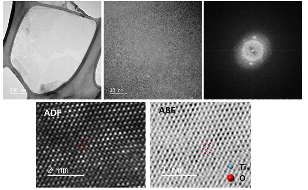TiO2 나노쉬트 STEM-EDX 맵핑 및 원소 매칭된 STEM-ADF 및 ABF 이미지