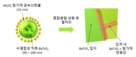 50nm BaTiO3 core에 3nm 크기의 MLCC 첨가제 금속산화물이 코팅된 혼합분말의 모식도(좌) 및 이 혼합분말을 성형 및 열처리한 후의 BaTiO3 (core)/첨가제-doped BaTiO3 (shell)의 모식도(우)