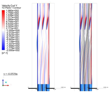 축방향 평면에서의 Vorticity 분포 및 Streamline