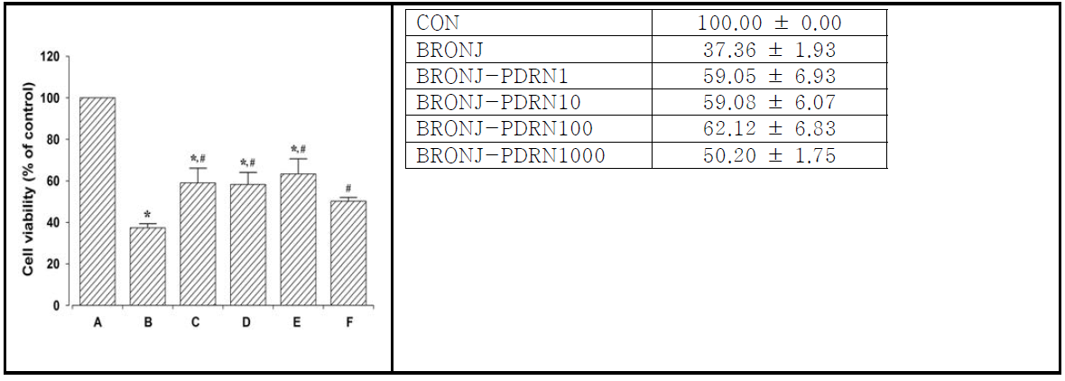 PDRN 투여가 MTT assay를 통한 cell viability변화에 미치는 영향. (A) 대조군, (B) BRONJ 유발군, (C) BRONJ 유발 후 1μg/ml PDRN처리군, (D) BRONJ 유발 후 10μg/ml PDRN처리군, (E) BRONJ 유발 후 100μg/ml PDRN처리군, (F) BRONJ 유발 후 1000μg/ml PDRN처리군. *represents P < 0.05 compared to the control group, #represents P < 0.05 compared to the BRONJ-induced group