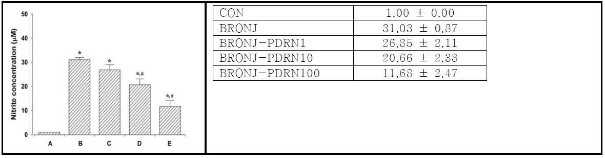 PDRN 투여가 NO assay를 통한 NO 생성량 변화에 미치는 영향. (A) 대조군,(B) BRONJ 유발군, (C) BRONJ 유발 후 1μg/ml PDRN처리군, (D)BRONJ 유발 후, 10μg/ml PDRN처리군, (E) BRONJ 유발 후 100μg/ml PDRN처리군, (F) BRONJ 유발 후 1000μg/ml PDRN처리군. *represents P < 0.05 compared to the control group, #represents P < 0.05 compared to the BRONJ-induced group