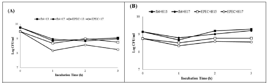 Effect of Lactobacillus strains (A) or heat-inactive Lactobacillus strains (B) on the growth of non-O157 pathogens. The pathogen cells and lactobacillus cells were co-cultured by equal volume (Lactobacillus: pathogens; 108CFU/ml:108CFU/ml) in TSB for 3hr. The co-cultured sample was analyzed by viable cell count for every 1 hours. The experiment carry out using the MRS agar (pH 5.4) for lactobacillus, and LB agar or TS agar for pathogen