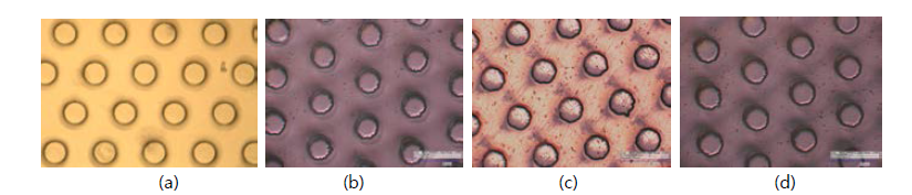무전해 도금 기법을 이용한 나노 소재 PDMS 복합소재 마이크로 구조 표면 사진 (a: 도금 전, b: 니켈 도금 후, c: 구리 도금 후, d: 은 도금 후)
