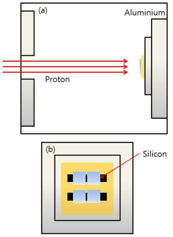 (a) 양성자 가속기 챔버 모식도 (b)실리콘 웨이퍼 조사 방법