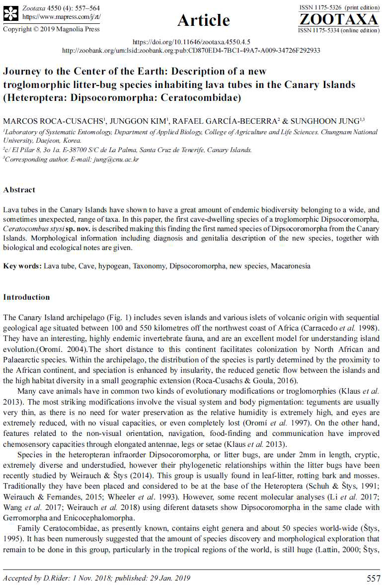 스페인의 노린재류의 분류학적 연구 결과로 출판된 논문(Roca-Cusachs et al. 2018)