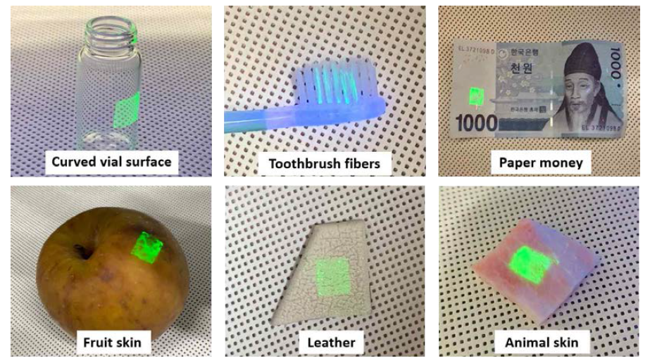 iTP를 활용하면 거의 모든 표면에 양자점 패턴을 구현할 수 있음.(곡면, 과일, 생체 피부, 화폐, 가죽 등 표면에 구애 받지 않고 패턴 형성이 가능하여 위조방지, 바이오센싱 등 다양한 응용 분야의 개발이 가능할 것으로 기대됨
