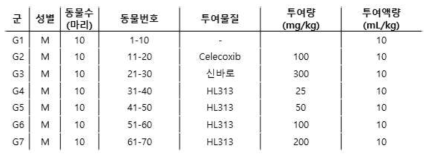 MIA 유도 SD 랫드 모델 군 설정 및 투여용량