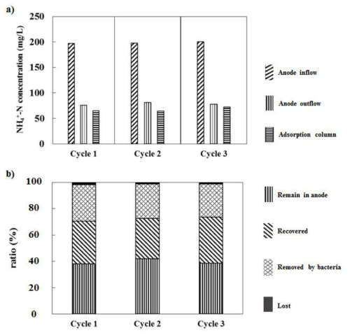 암모니아성 질소의 유입 및 유출 농도 assay 1 (a), 3cycle에서 암모니아성 질소의 ratio (b)