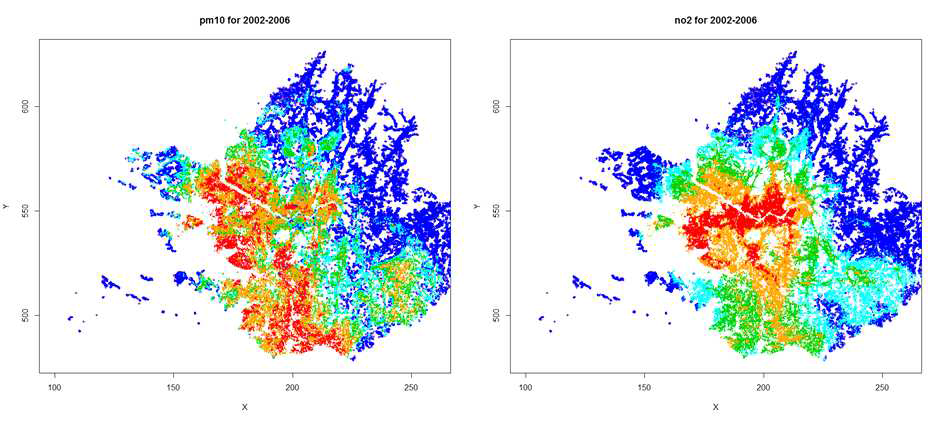 수도권지역 PM10과 NO2의 2002-2006년 5년 평균 예측농도 지도
