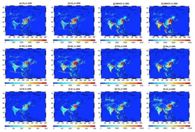 아시아 2000년, 2008년 REAS 배출량 분포