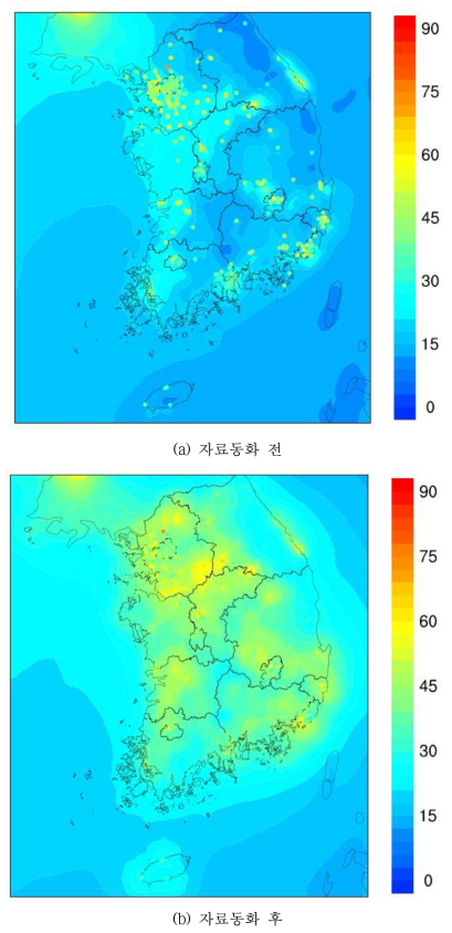 2012년 PM10 자료동화 전후 연평균 공간분포. Circle : TMS 측정망 위치 및 농도