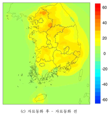 2012년 PM10 자료동화 전후 연평균 공간분포. Circle : TMS 측정망 위치 및 농도(계속)