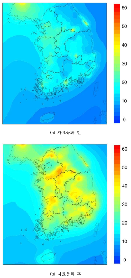 2012년 PM2.5 자료동화 전후 연평균 공간분포. Circle : TMS 측정망 위치 및 농도