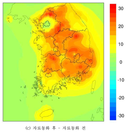 2012년 PM2.5 자료동화 전후 연평균 공간분포. Circle : TMS 측정망 위치 및 농도(계속)