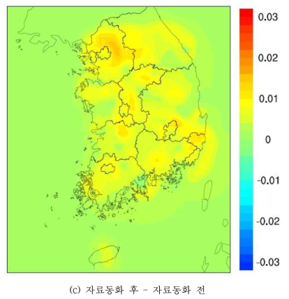 2012년 NO2 자료동화 전후 연평균 공간분포. Circle : TMS 측정망 위치 및 농도(계속)