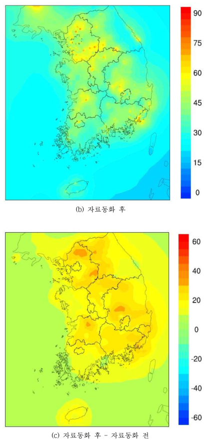 2013년 PM10 자료동화 전후 연평균 공간분포. Circle : TMS 측정망 위치 및 농도(계속)