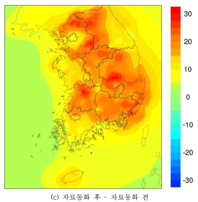 2013년 PM2.5 자료동화 전후 연평균 공간분포. Circle : TMS 측정망 위치 및 농도(계속)