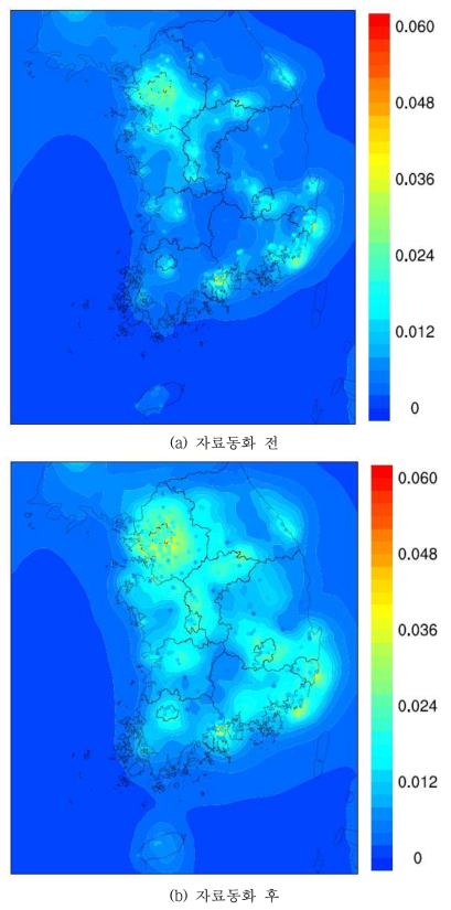 2013년 NO2 자료동화 전후 연평균 공간분포. Circle : TMS 측정망 위치 및 농도