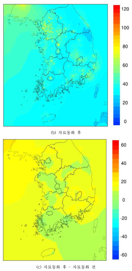 2014년 PM10 자료동화 전후 연평균 공간분포. Circle : TMS 측정망 위치 및 농도(계속)