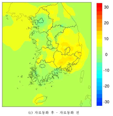 2014년 PM2.5 자료동화 전후 연평균 공간분포. Circle : TMS 측정망 위치 및 농도(계속)